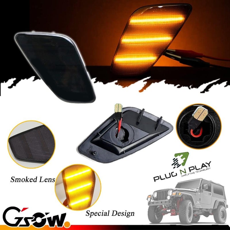 GSOWO 2 PCS Amber LED Side Marker Light for J-e-e-p Wrangler TJ 1997-2006, Smoked Lens Front Turn Signal Indicator, Left/Right Side Fender Sidemarker Lamps - Image 4